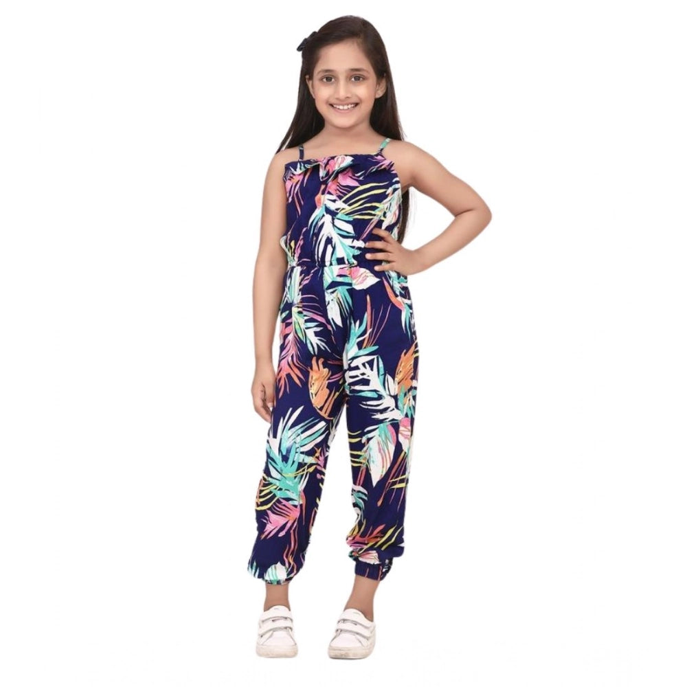 Girl's Rayon Printed Sleeveless Jumpsuit - Blue-Multicolor