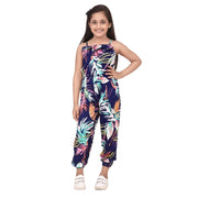 Girl's Rayon Printed Sleeveless Jumpsuit - Blue-Multicolor