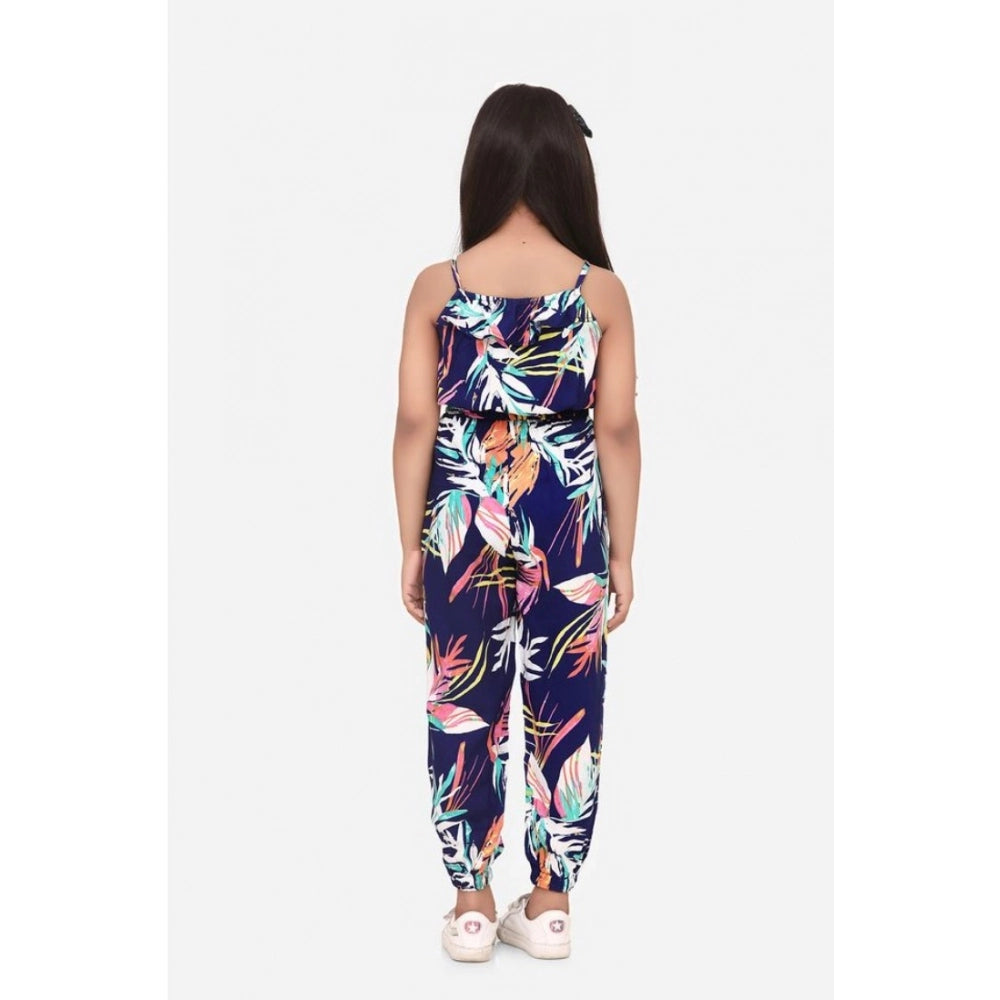 Girl's Rayon Printed Sleeveless Jumpsuit - Blue-Multicolor