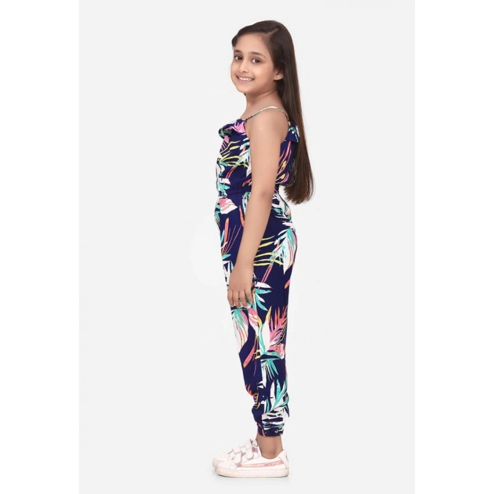 Girl's Rayon Printed Sleeveless Jumpsuit - Blue-Multicolor