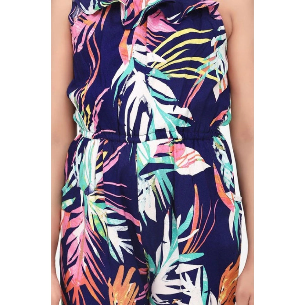 Girl's Rayon Printed Sleeveless Jumpsuit - Blue-Multicolor