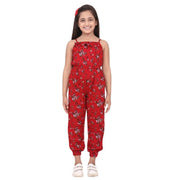 Girl's Rayon Floral Sleeveless Jumpsuit - Red