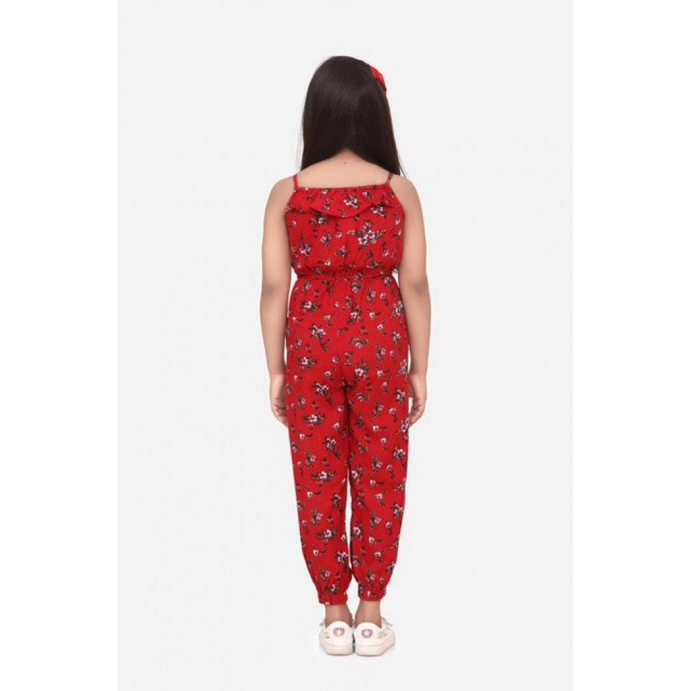 Girl's Rayon Floral Sleeveless Jumpsuit - Red