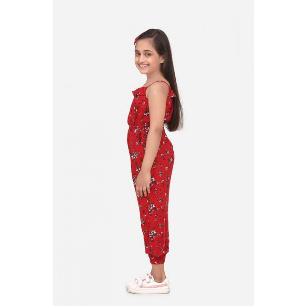 Girl's Rayon Floral Sleeveless Jumpsuit - Red
