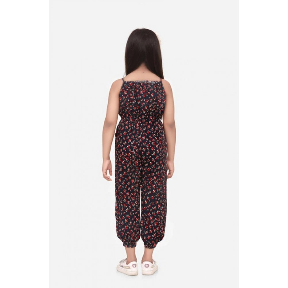 Girl's Rayon Floral Sleeveless Jumpsuit - Black-Red