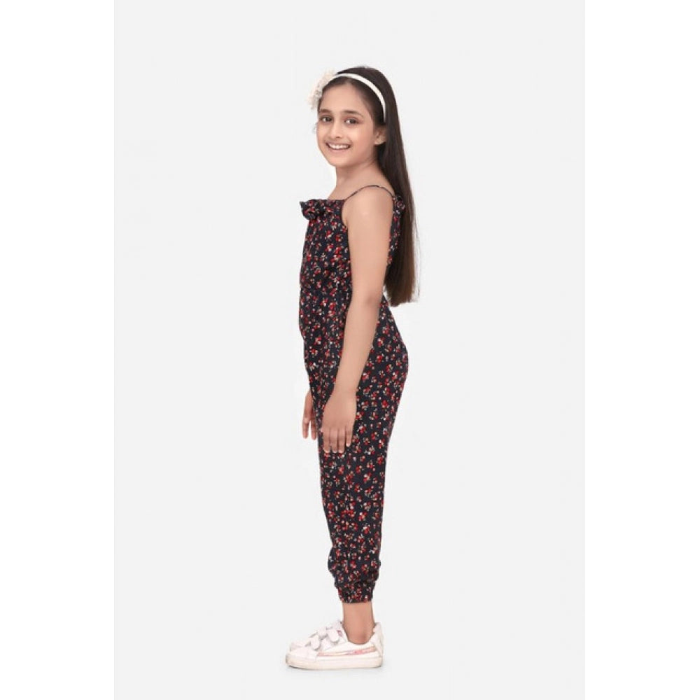 Girl's Rayon Floral Sleeveless Jumpsuit - Black-Red