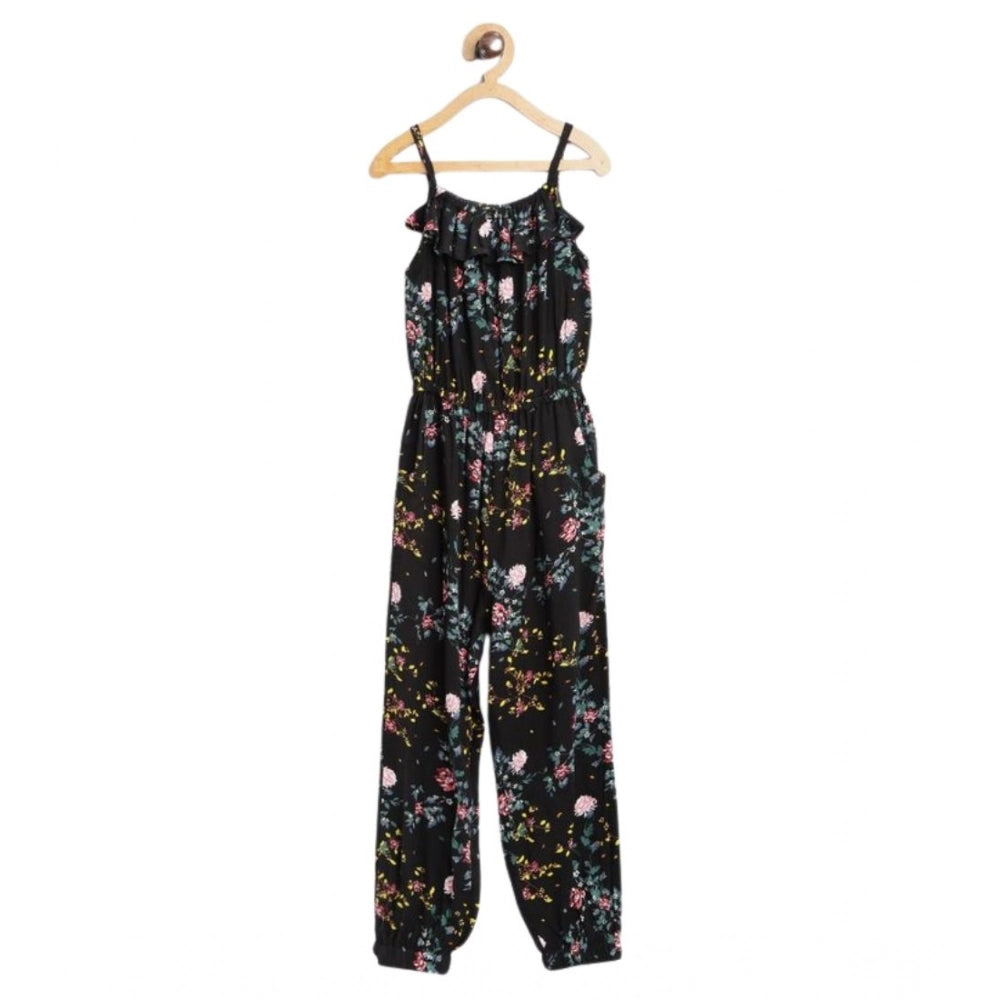 Girl's Rayon Floral Sleeveless Jumpsuit - Black-Pink