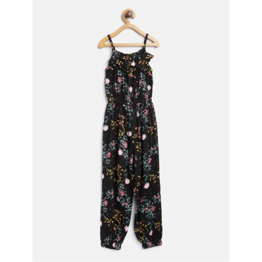 Girl's Rayon Floral Sleeveless Jumpsuit - Black-Pink