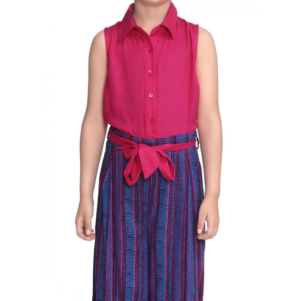Girl's Rayon Colour Block Sleeveless Jumpsuit - Pink-Blue