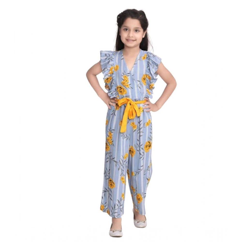 Girl's Rayon Floral Flutter Jumpsuit - Blue-Yellow