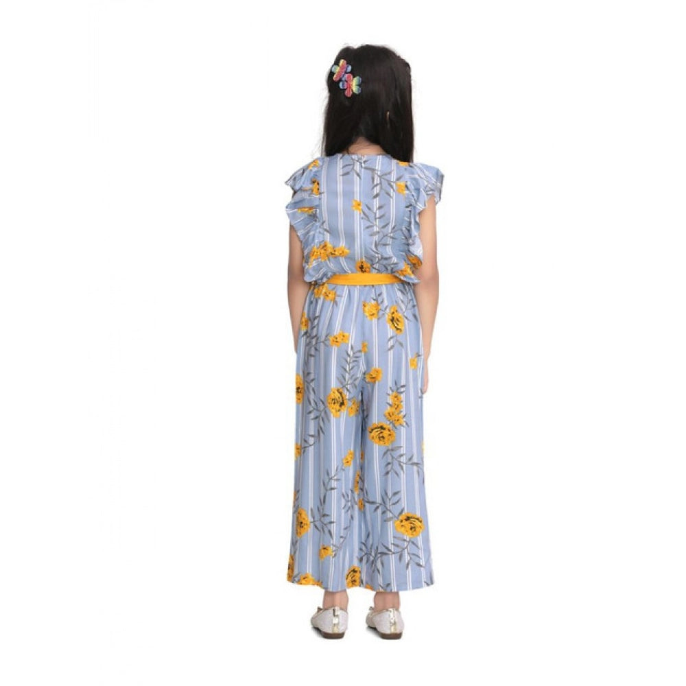 Girl's Rayon Floral Flutter Jumpsuit - Blue-Yellow