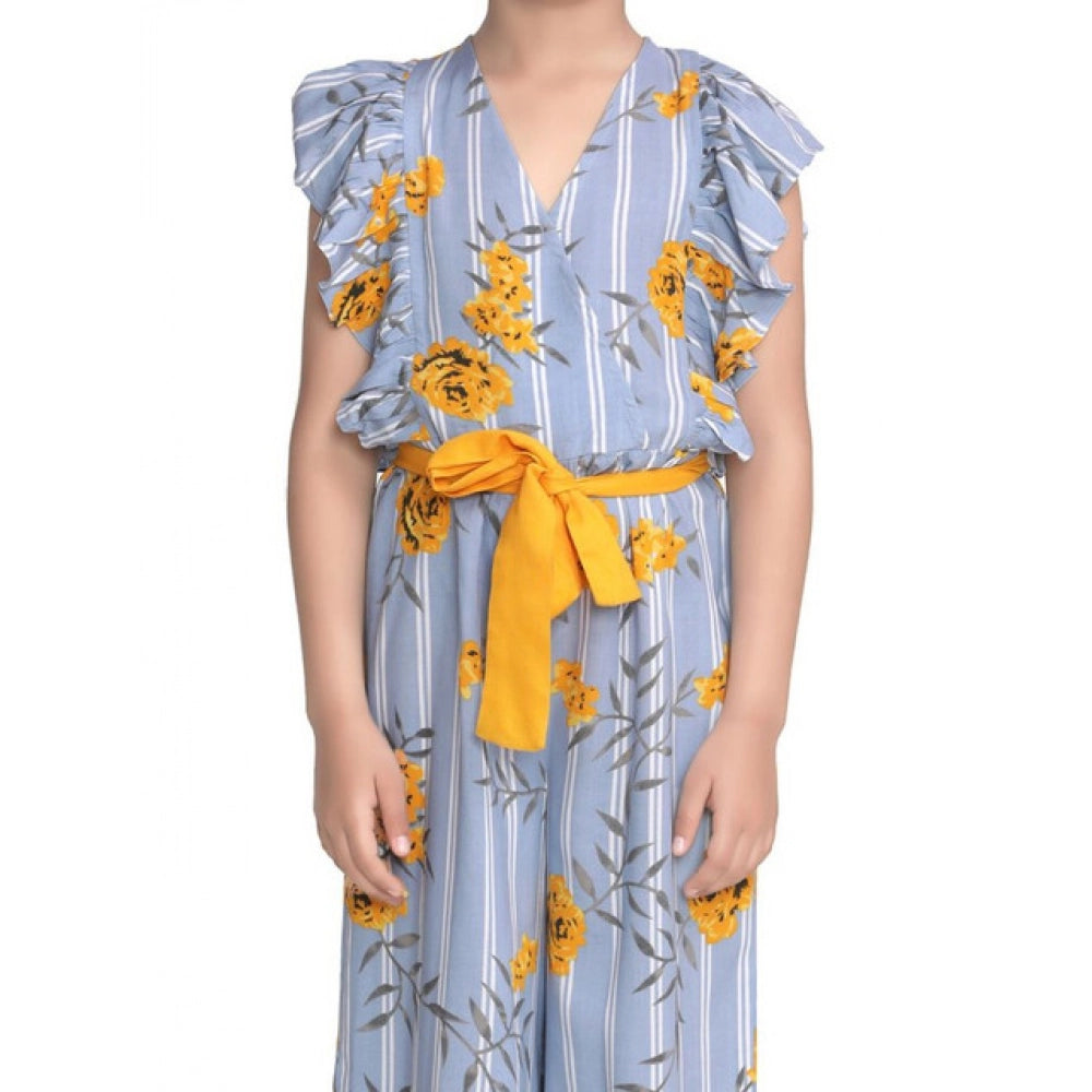 Girl's Rayon Floral Flutter Jumpsuit - Blue-Yellow