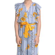 Girl's Rayon Floral Flutter Jumpsuit - Blue-Yellow