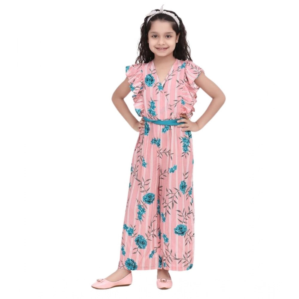 Girl's Rayon Floral Flutter Jumpsuit - Pink-Blue