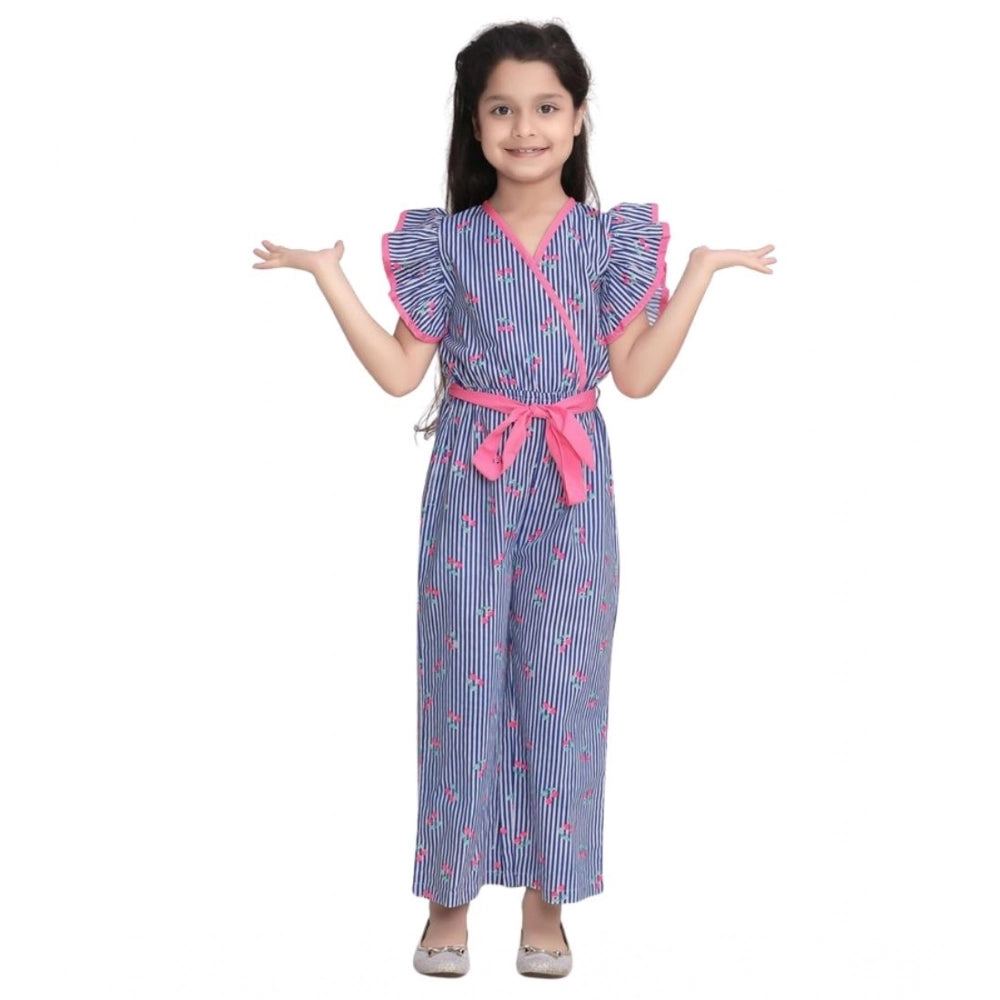 Girl's Cotton Striped Flutter Jumpsuit - Blue-Pink