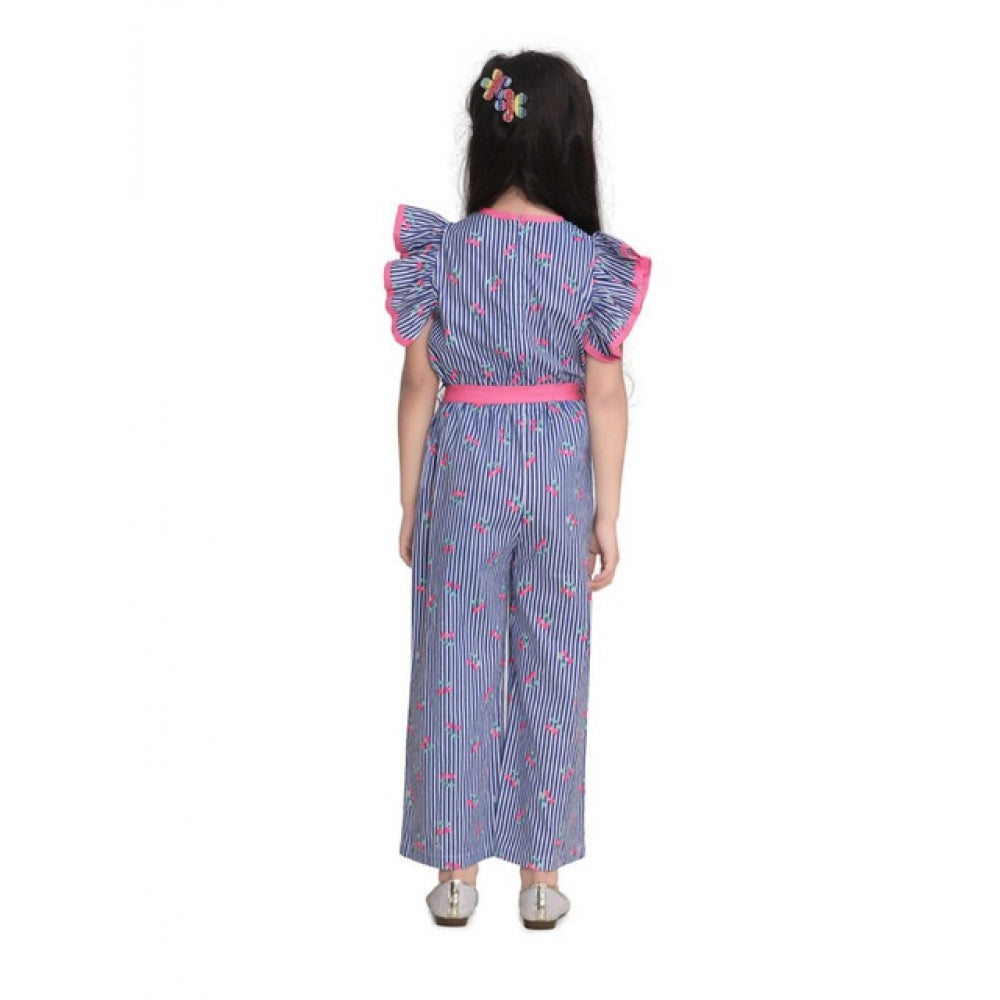 Girl's Cotton Striped Flutter Jumpsuit - Blue-Pink