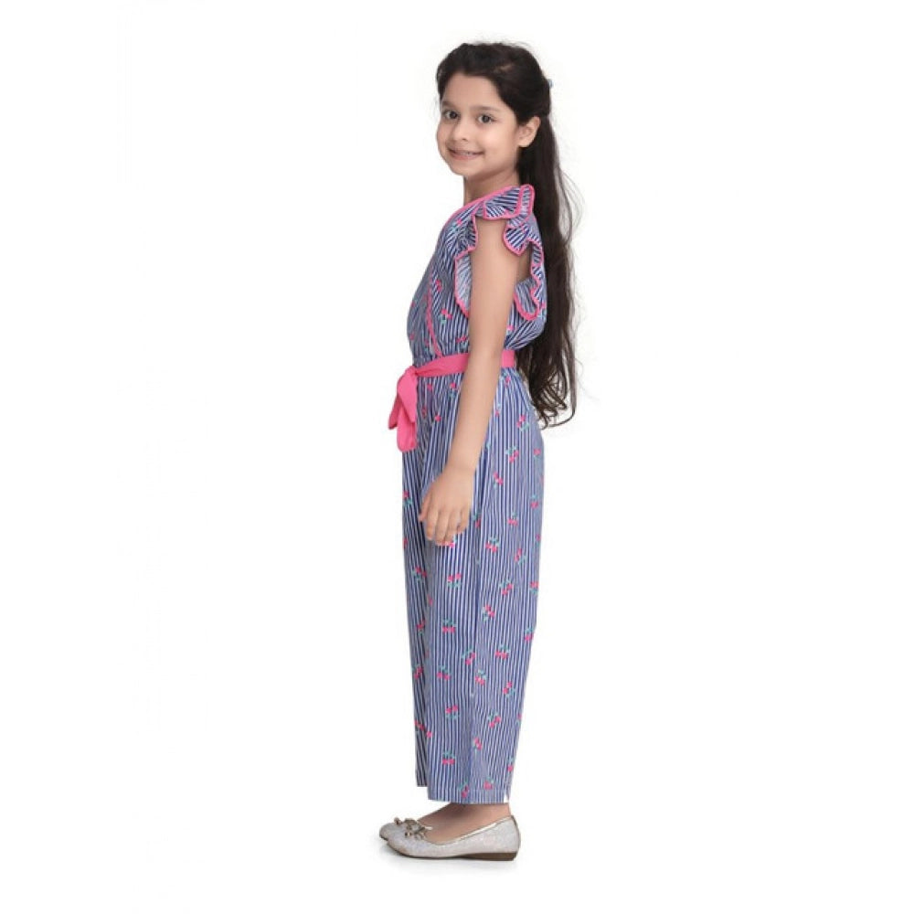 Girl's Cotton Striped Flutter Jumpsuit - Blue-Pink