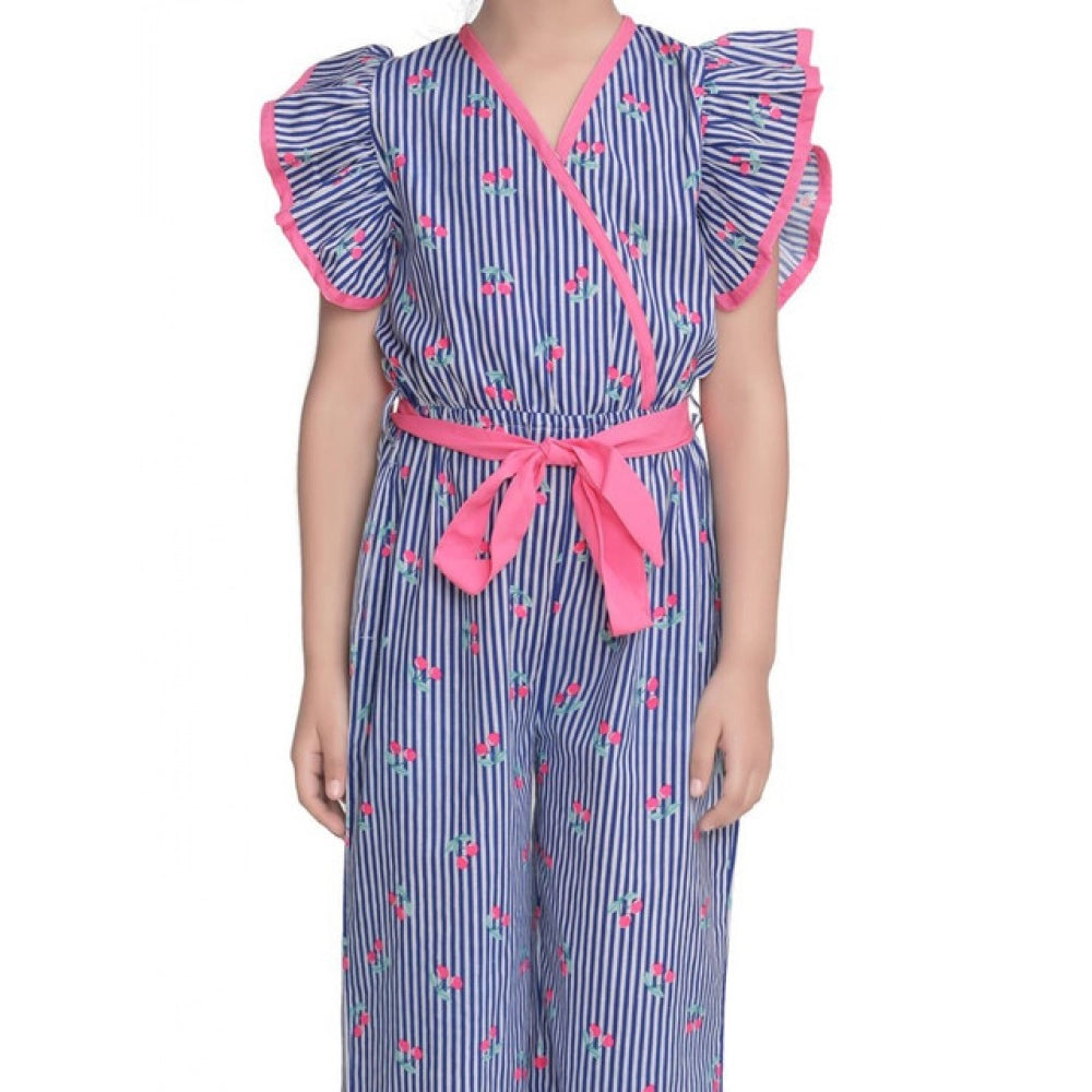 Girl's Cotton Striped Flutter Jumpsuit - Blue-Pink