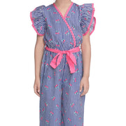 Girl's Cotton Striped Flutter Jumpsuit - Blue-Pink
