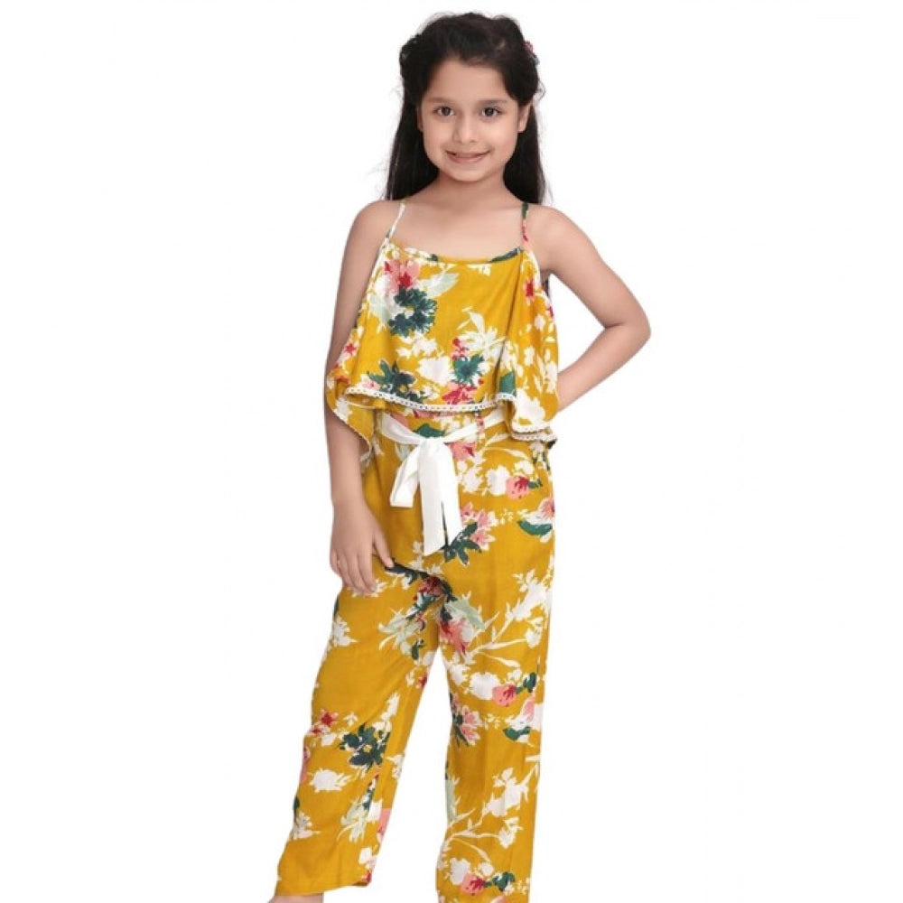 Girl's Rayon Floral Shoulder Straps Jumpsuit - Mustard