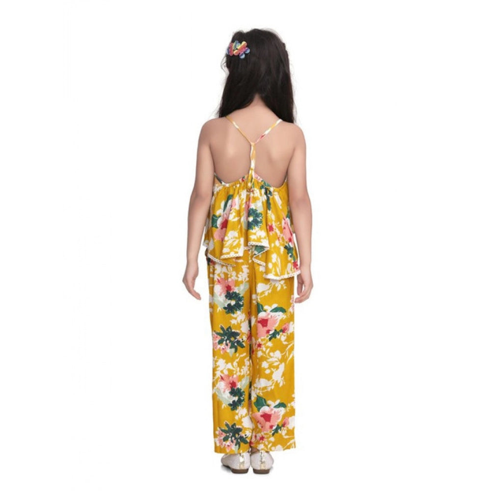 Girl's Rayon Floral Shoulder Straps Jumpsuit - Mustard