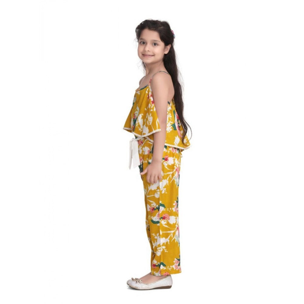 Girl's Rayon Floral Shoulder Straps Jumpsuit - Mustard