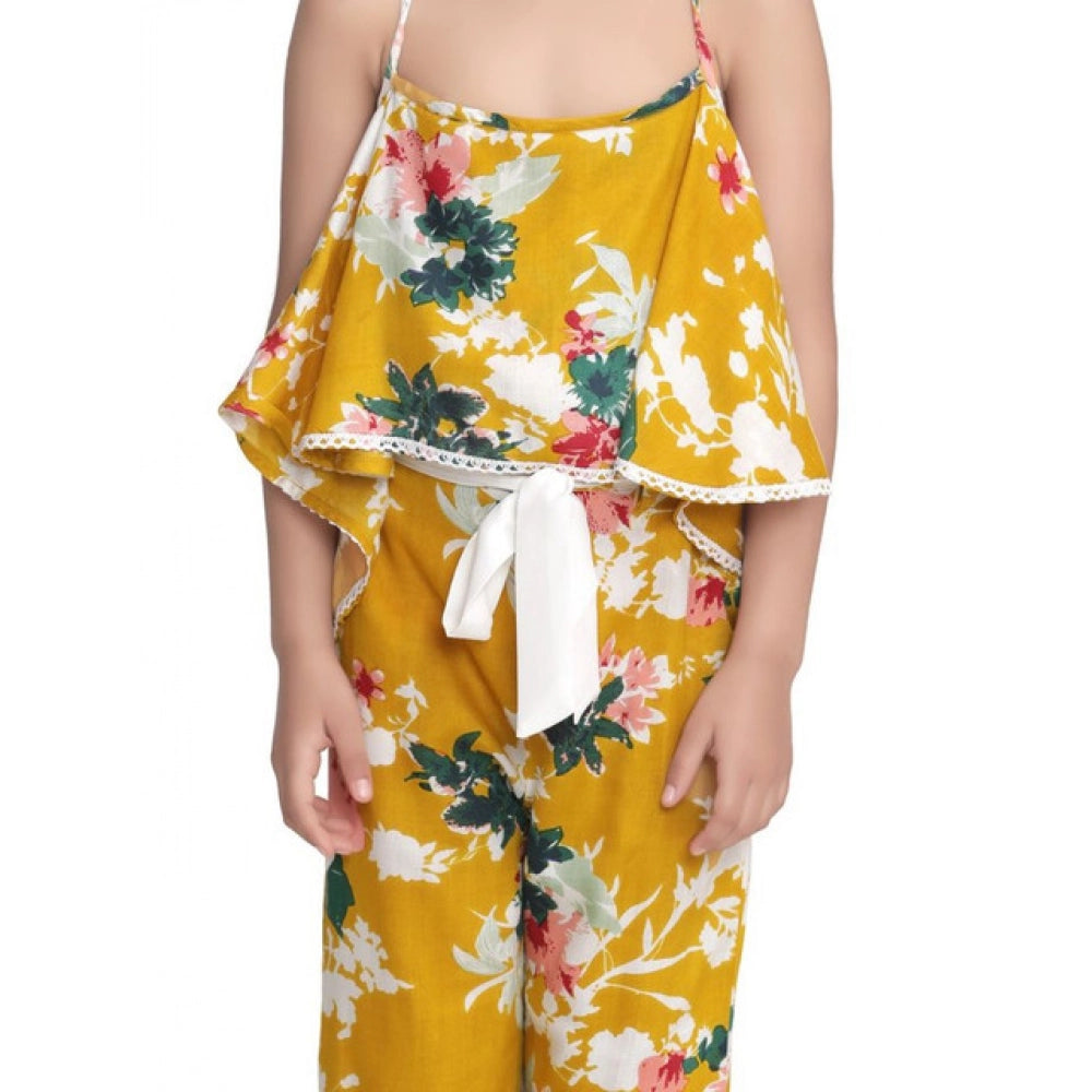 Girl's Rayon Floral Shoulder Straps Jumpsuit - Mustard