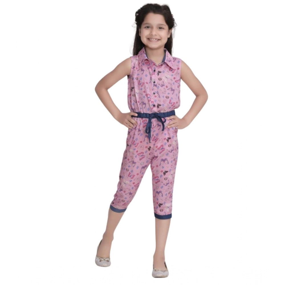 Girl's Cotton Printed Sleeveless Jumpsuit - Pink