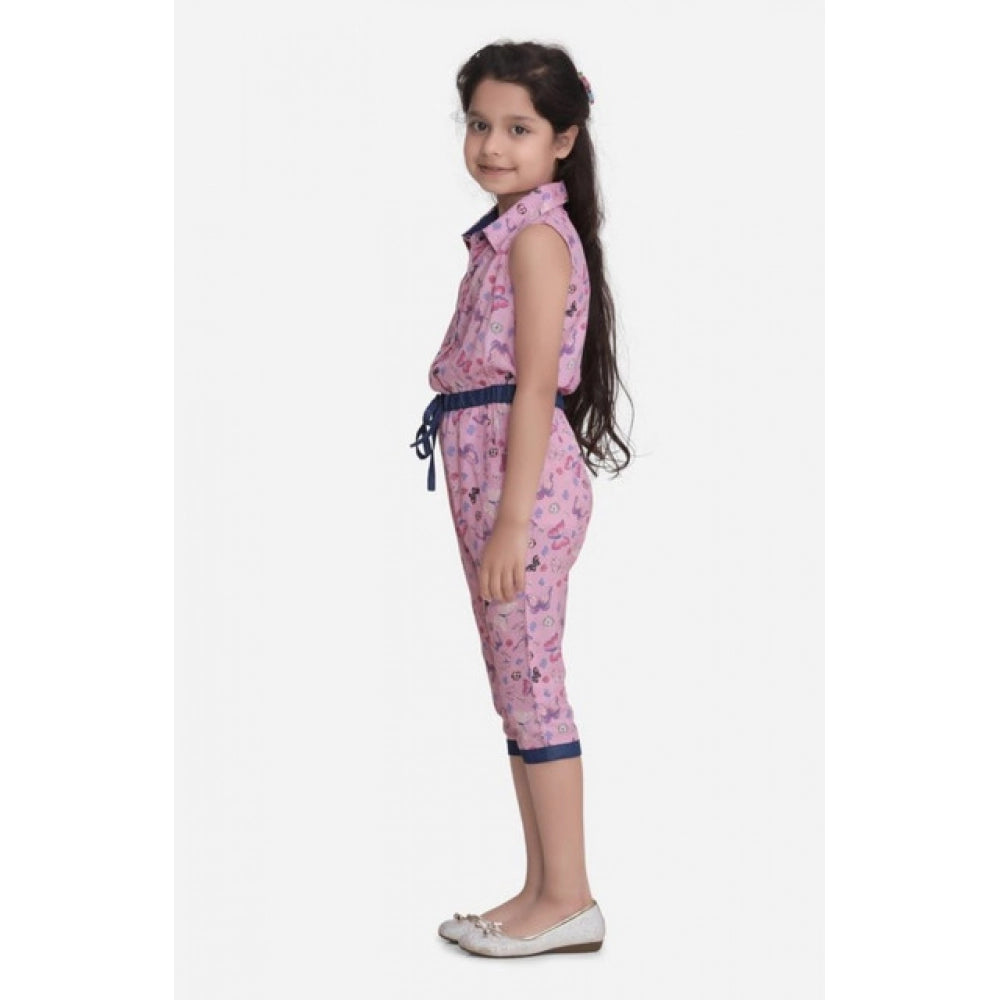 Girl's Cotton Printed Sleeveless Jumpsuit - Pink