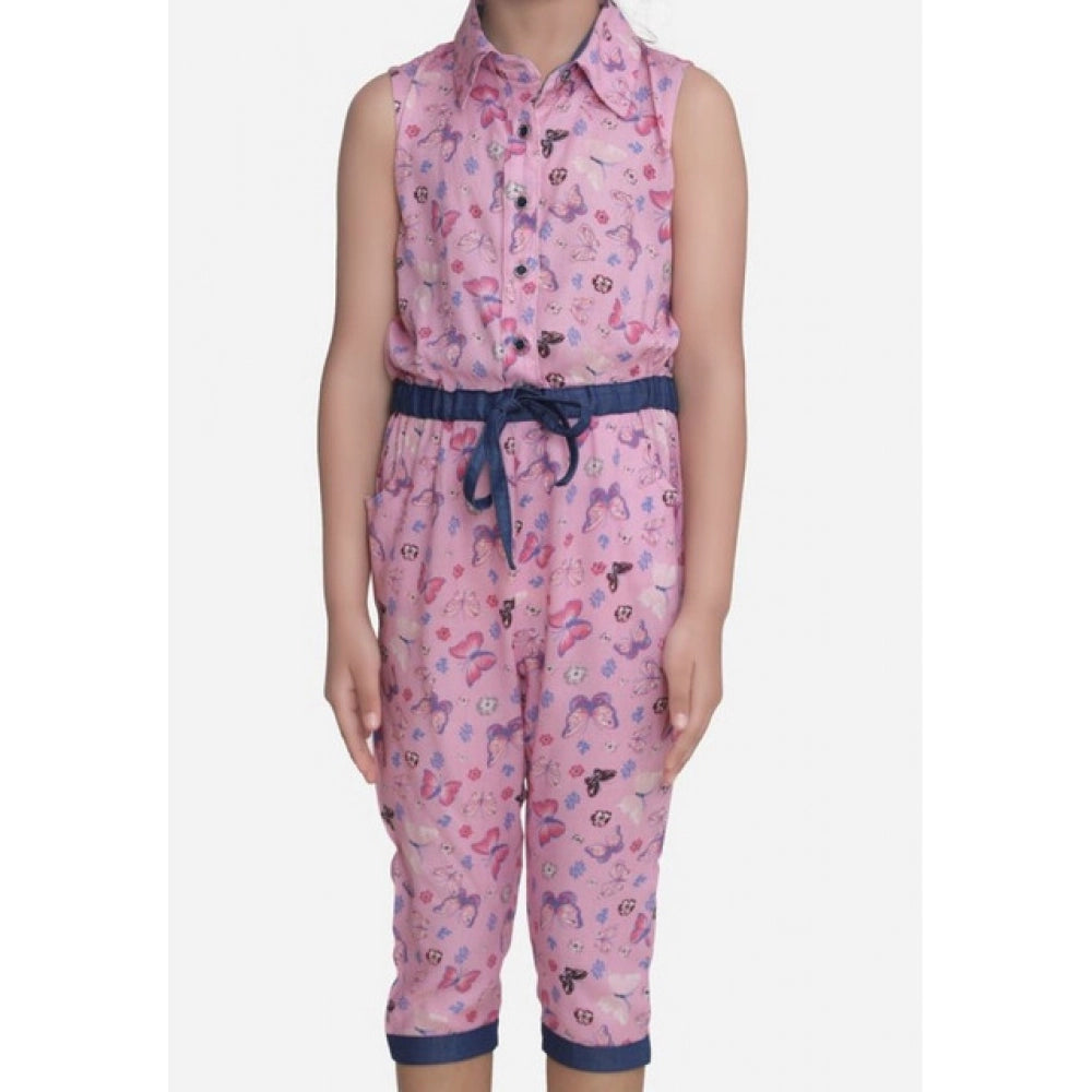 Girl's Cotton Printed Sleeveless Jumpsuit - Pink