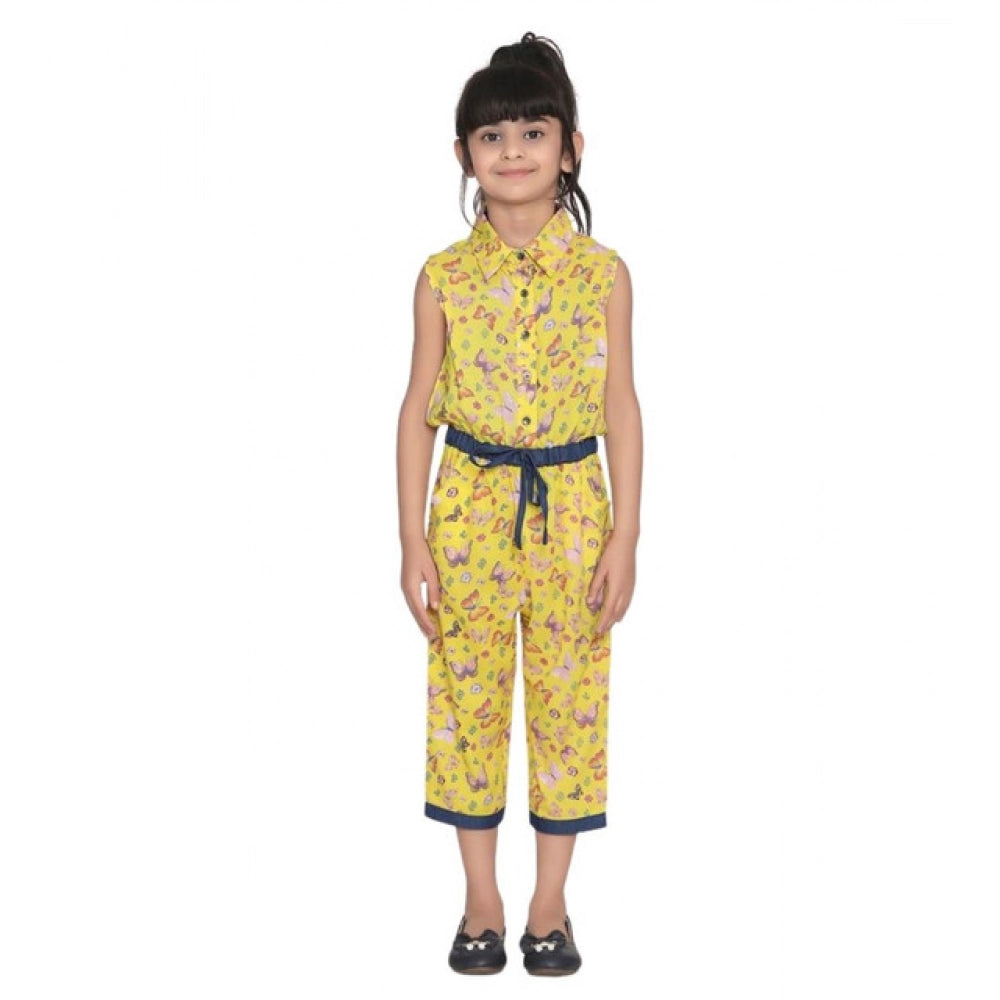 Girl's Cotton Printed Sleeveless Jumpsuit - Yellow