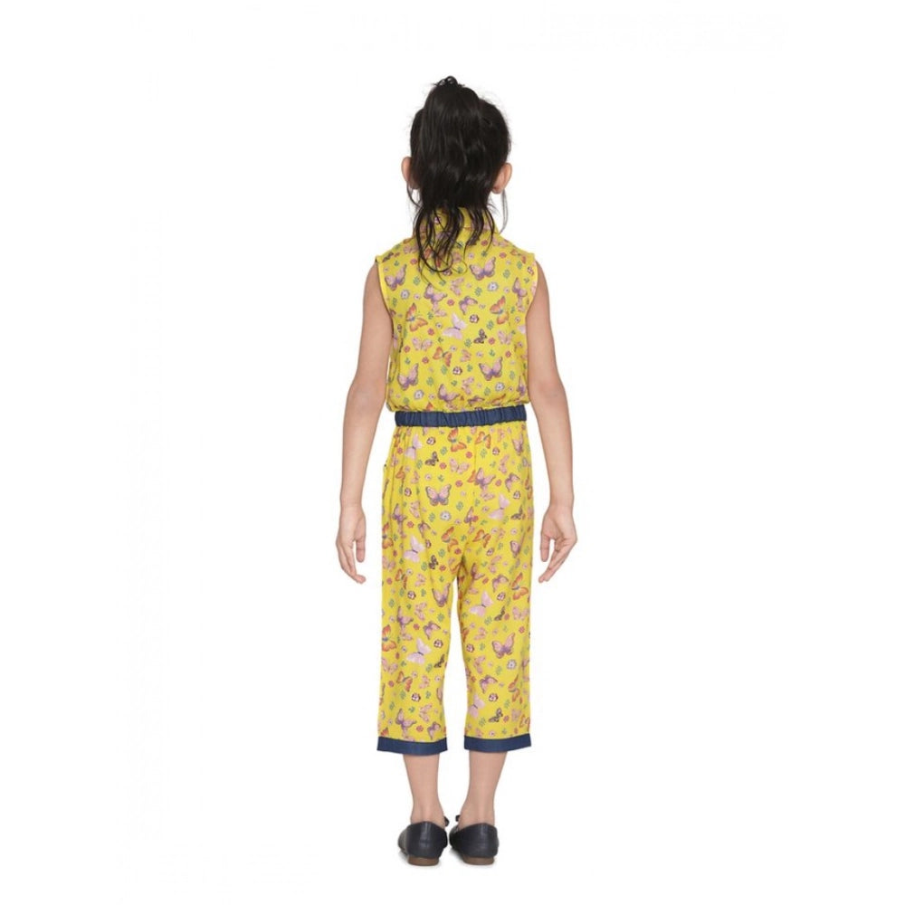 Girl's Cotton Printed Sleeveless Jumpsuit - Yellow