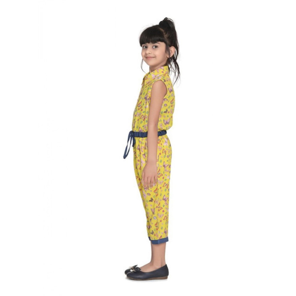 Girl's Cotton Printed Sleeveless Jumpsuit - Yellow