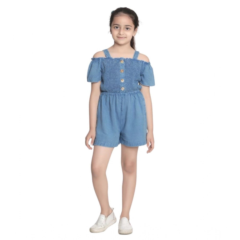 Girl's Rayon Solid Sleeveless Jumpsuit - Blue
