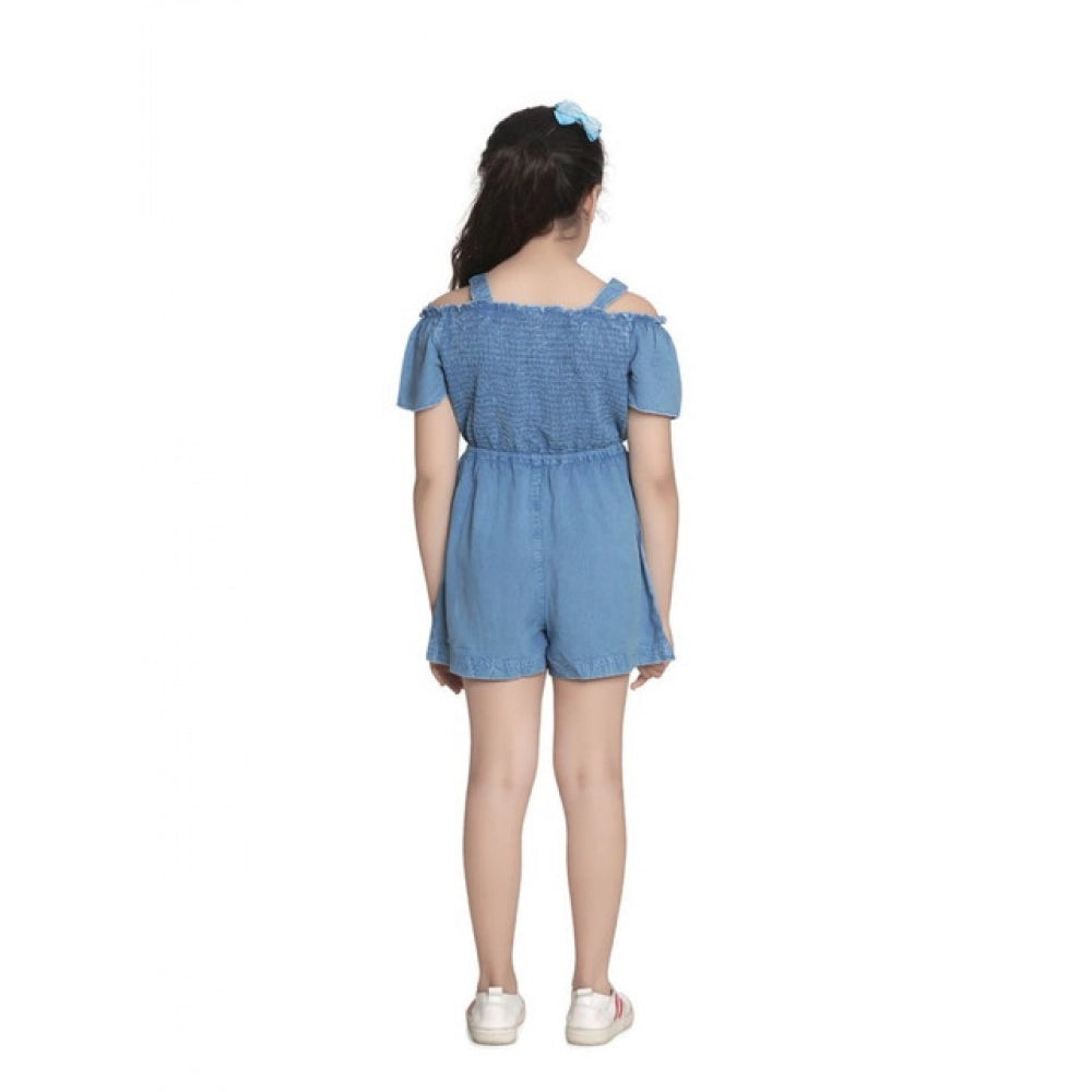 Girl's Rayon Solid Sleeveless Jumpsuit - Blue