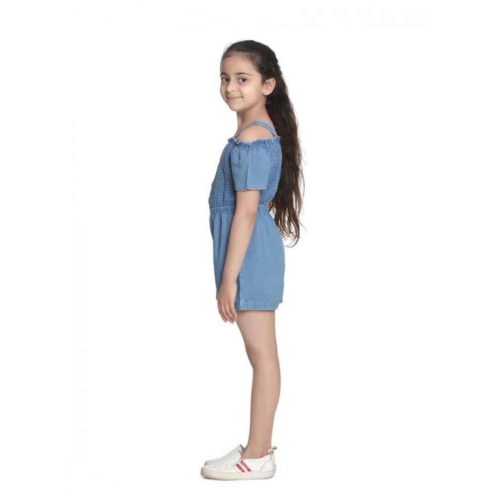 Girl's Rayon Solid Sleeveless Jumpsuit - Blue