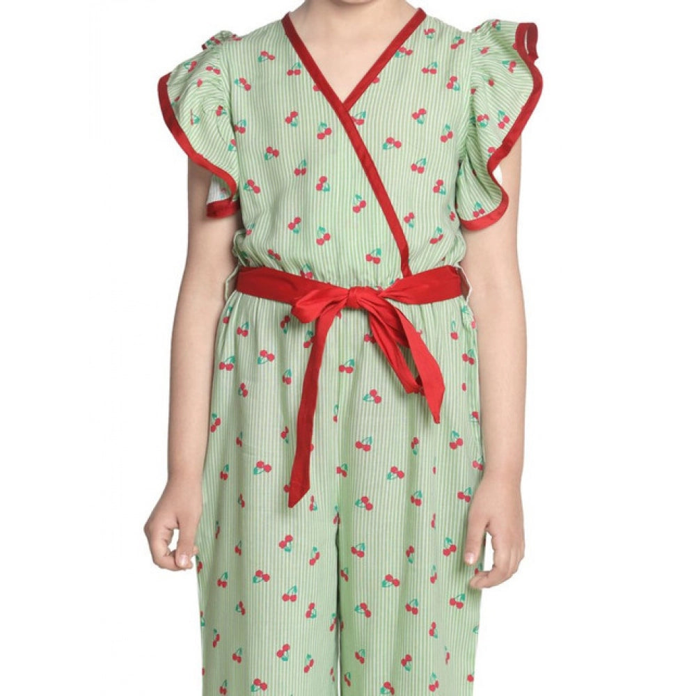 Girl's Rayon Printed Flutter Jumpsuit - Green