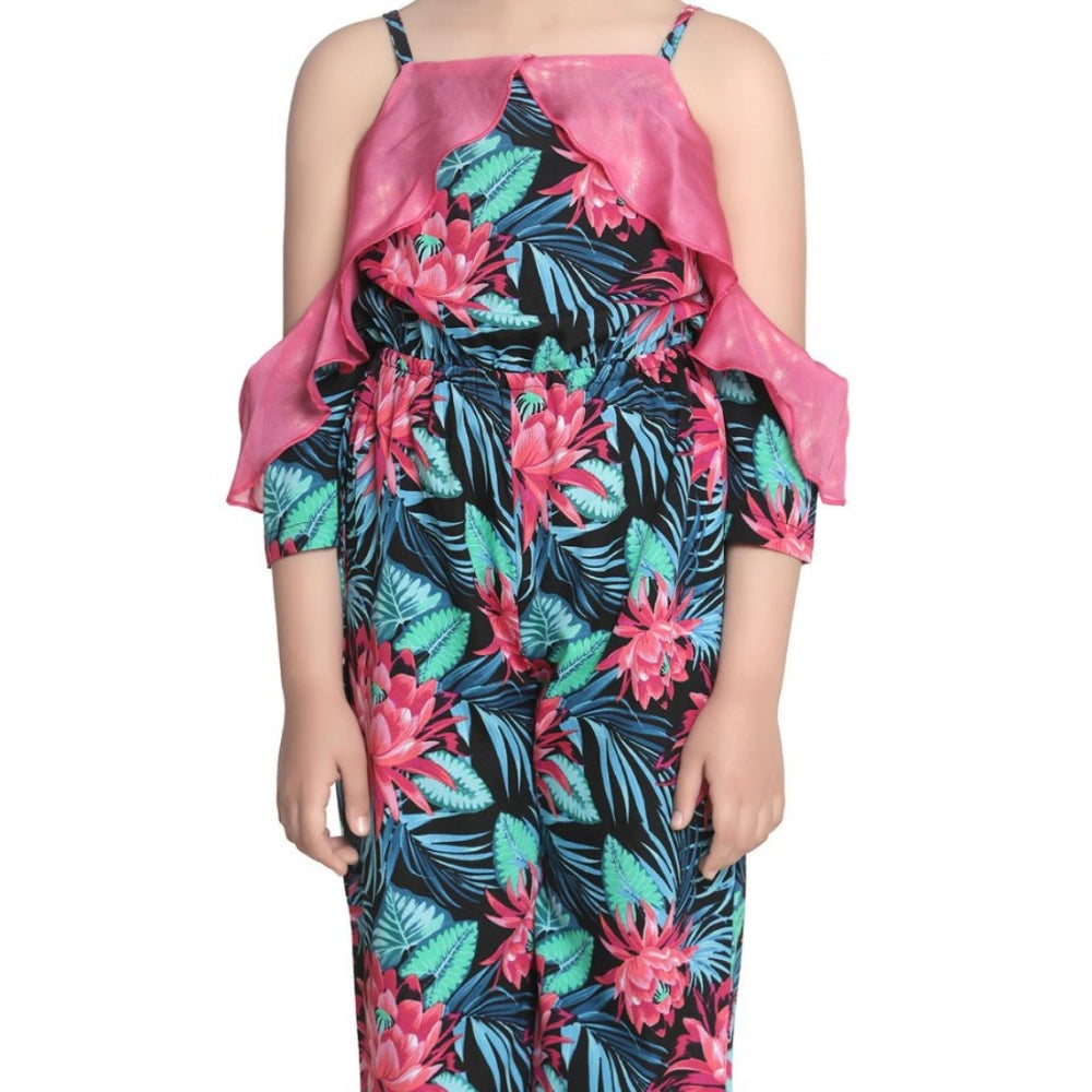 Girl's Polyester Floral Cold Shoulder Jumpsuit - Pink