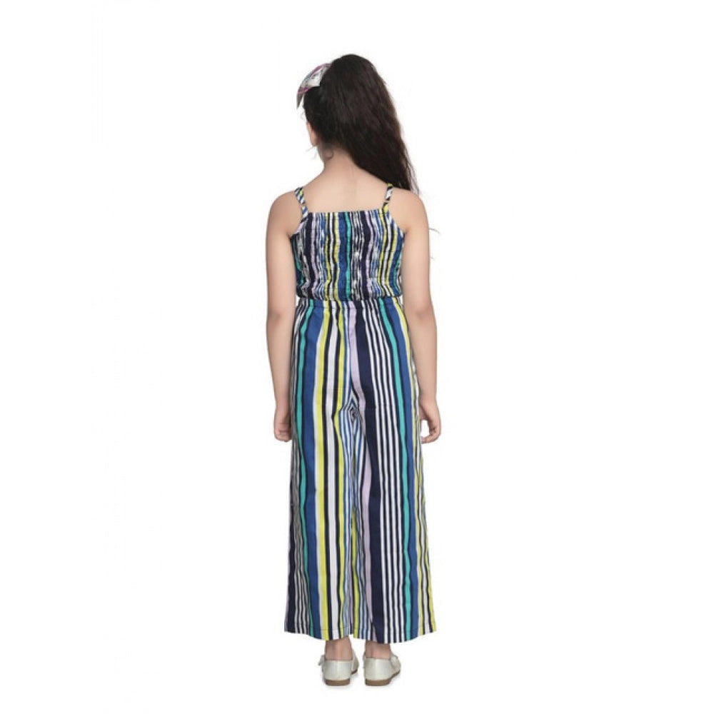 Girl's Rayon Striped Sleeveless Jumpsuit - Blue