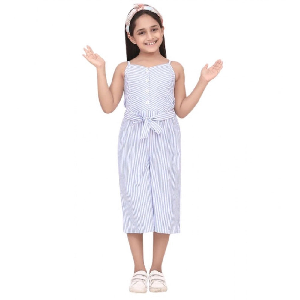 Girl's Polyester Cotton Blend Striped Sleeveless Jumpsuit - Light Blue