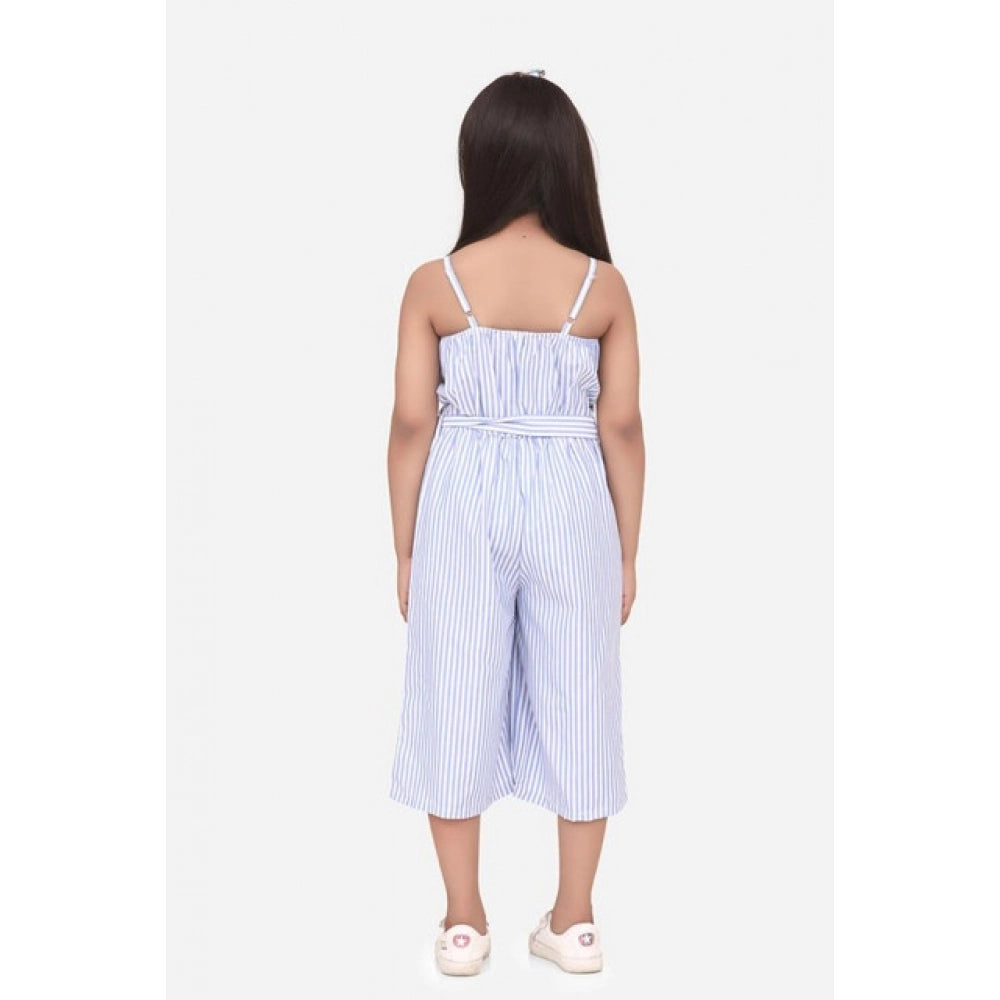 Girl's Polyester Cotton Blend Striped Sleeveless Jumpsuit - Light Blue