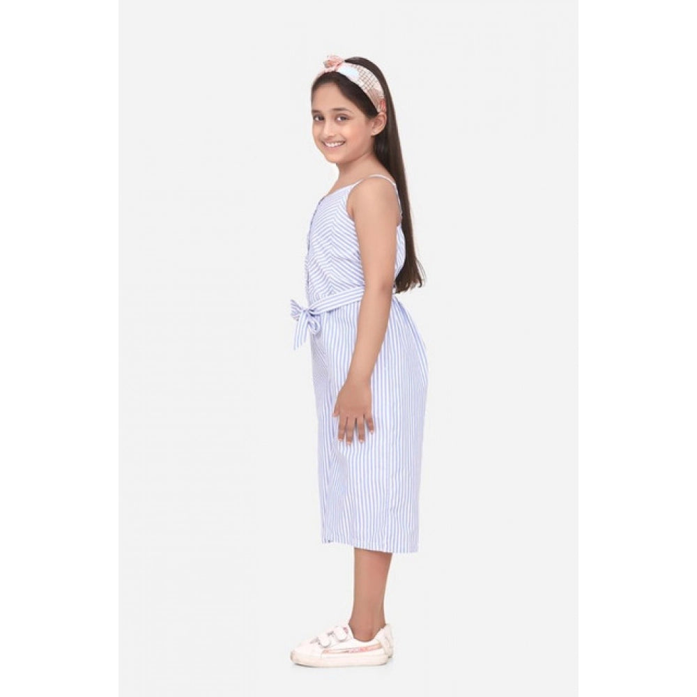 Girl's Polyester Cotton Blend Striped Sleeveless Jumpsuit - Light Blue