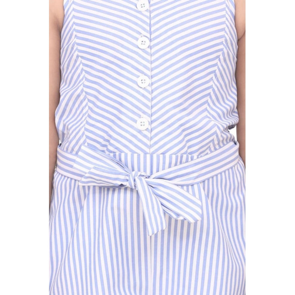 Girl's Polyester Cotton Blend Striped Sleeveless Jumpsuit - Light Blue