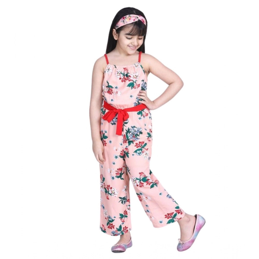 Girl's Polyester Crepe Floral Shoulder Straps Jumpsuit - Peach-Red