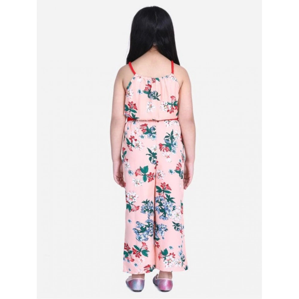 Girl's Polyester Crepe Floral Shoulder Straps Jumpsuit - Peach-Red