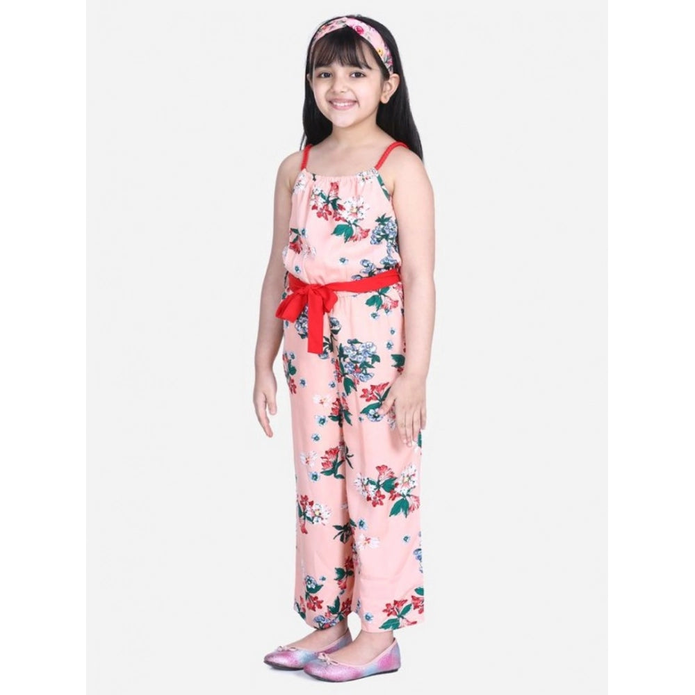 Girl's Polyester Crepe Floral Shoulder Straps Jumpsuit - Peach-Red
