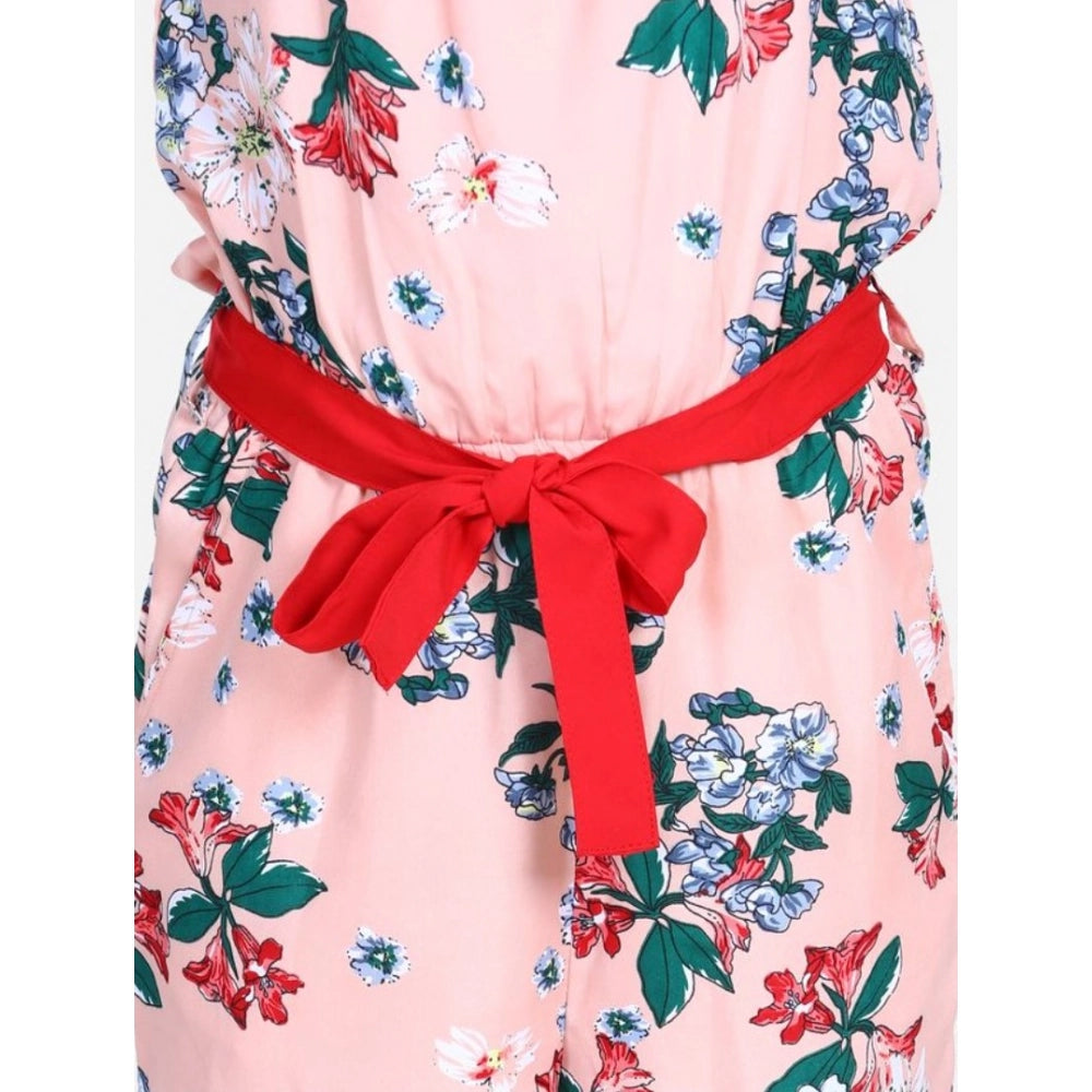Girl's Polyester Crepe Floral Shoulder Straps Jumpsuit - Peach-Red
