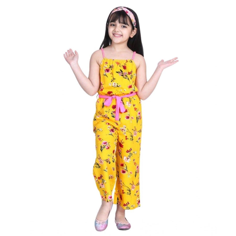 Girl's Polyester Crepe Floral Shoulder Straps Jumpsuit - Yellow-Pink