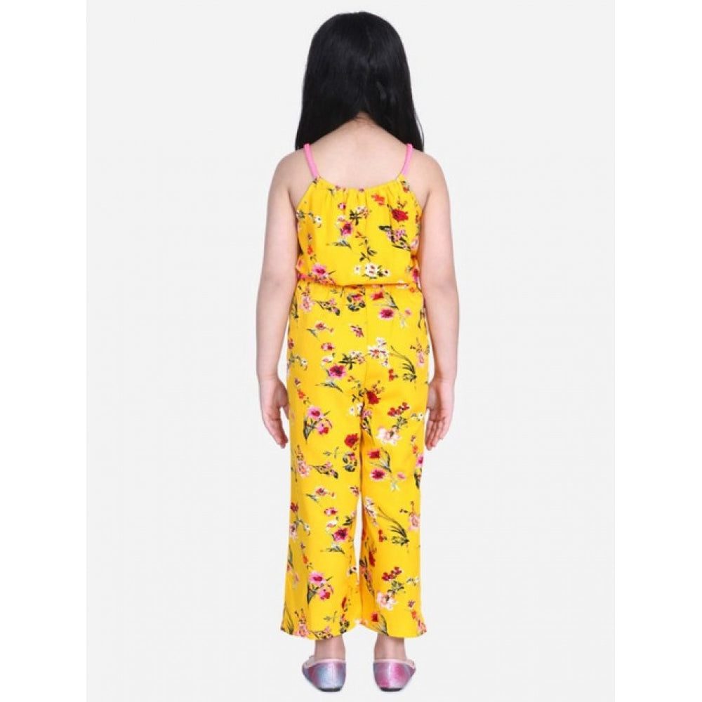 Girl's Polyester Crepe Floral Shoulder Straps Jumpsuit - Yellow-Pink
