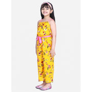 Girl's Polyester Crepe Floral Shoulder Straps Jumpsuit - Yellow-Pink